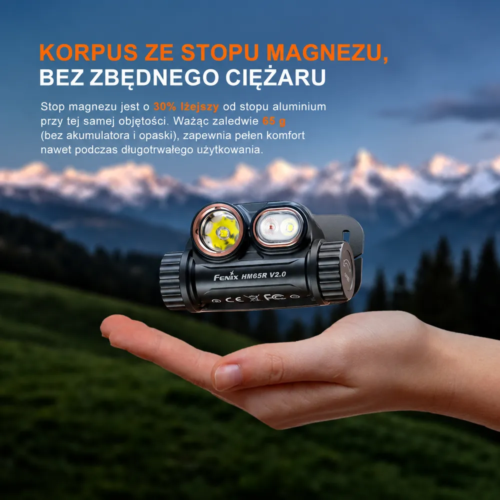 Latarka czołowa Fenix HM65R V2.0 - korpus ze stopu magnezu i dwa przyciski sterujące